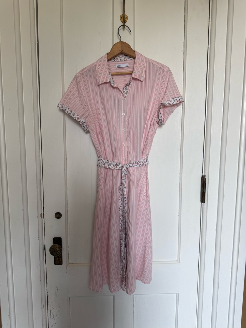 Pink Striped Button-Down Shirt Dress with Floral Trim